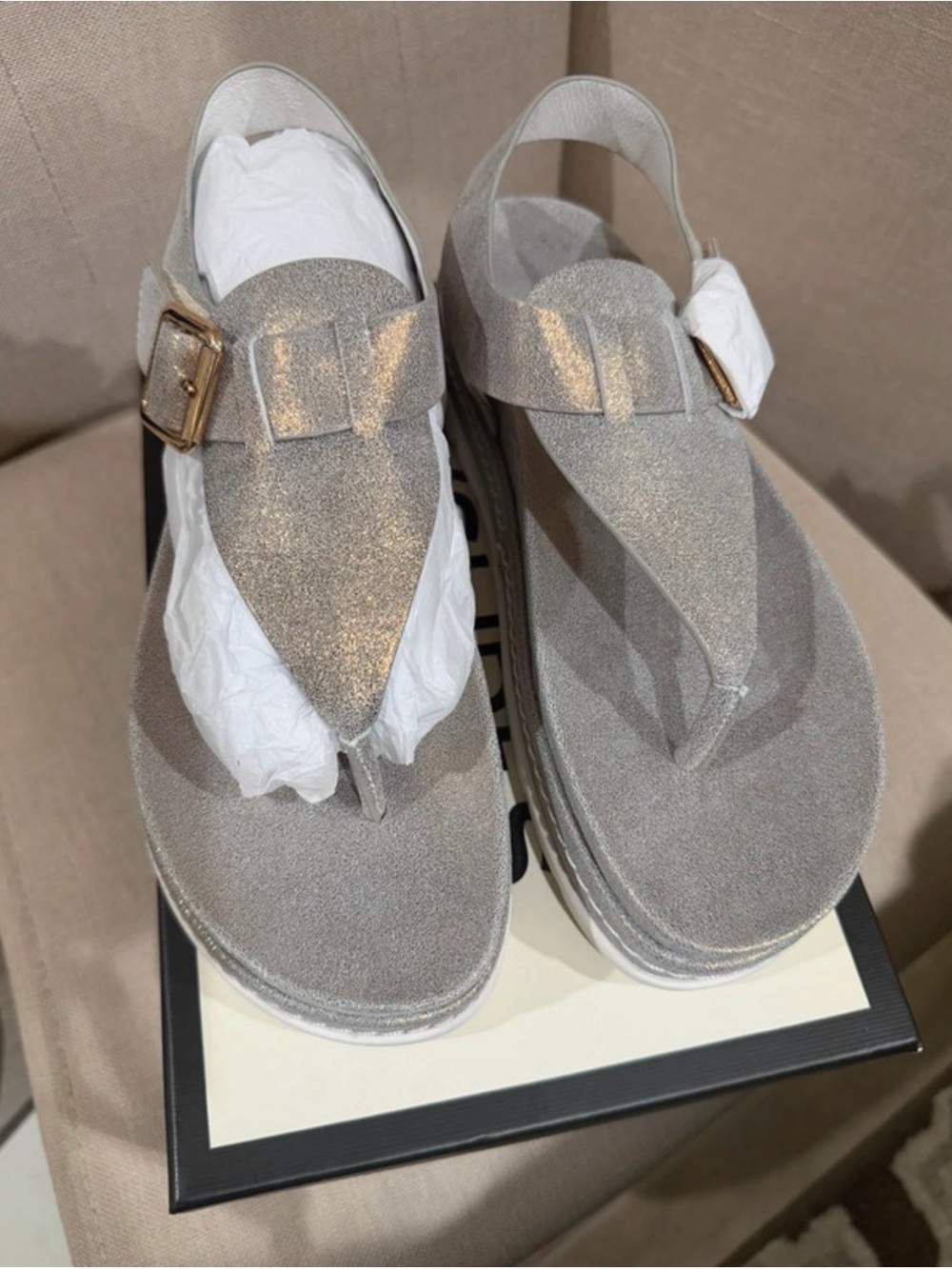 J/Slides "Becky" Bronze Metallic Suede Platform Thong Sandals -